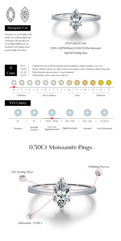 D Color Marquise Cut Rhombic Moissanite 925 Sterling Silver Luxury  Band Rings For Women Wedding Fine Jewelry Gifts