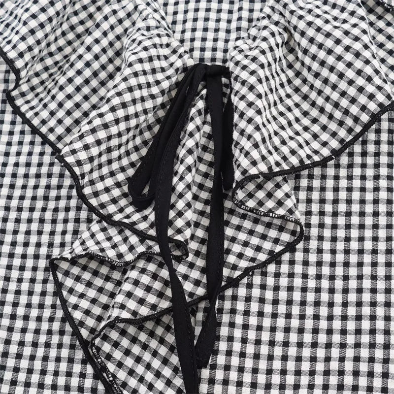 Elegant Fashion Chidori Plaid Ruffles Chiffon Shirt Spring 2025 Ruffled Neck Long Butterfly Sleeve Loose Tops Women's Clothing