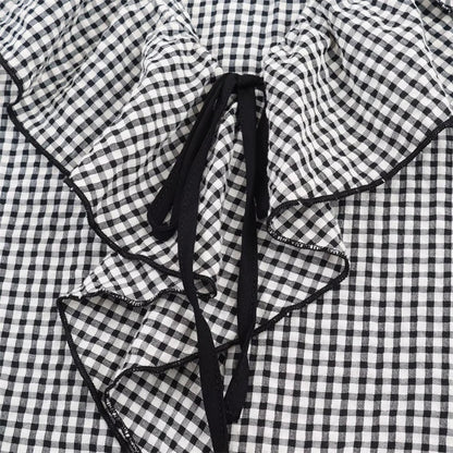Elegant Fashion Chidori Plaid Ruffles Chiffon Shirt Spring 2025 Ruffled Neck Long Butterfly Sleeve Loose Tops Women's Clothing