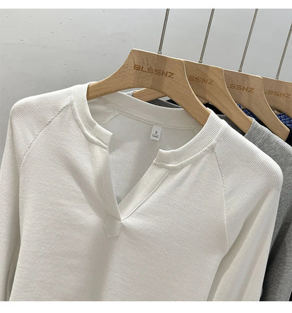 2026 Women's Basic Style Slim Fit V-Neck Long Sleeve T-Shirt Korean Style Versatile Simple Base Layer Top Casual Tee for Women