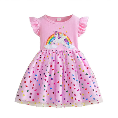 2026 Korean Style Girls Summer Unicorn Print Dress Short Sleeve Tulle Princess Gown Kids Casual Party Clothes for South Korea