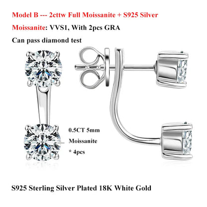 2 in 1 Full D Color Moissanite Stud Earrings for Women S925 Silver 4.6cttw All Diamond Earring Pierced Ear Fine Jewelry