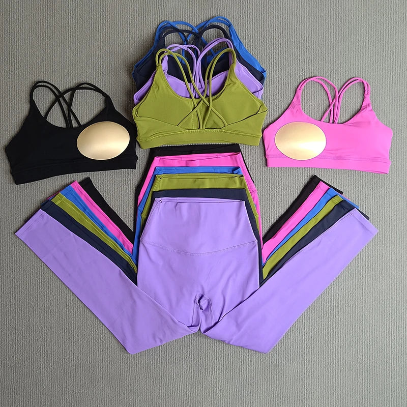 2 Pcs Women's Gym Tights Yoga Sports Set High Waist Leggings Cross Back Bra Top Fitness Running Workout Tracksuit