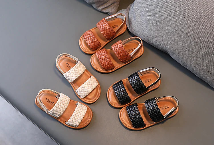Kids Sandals for Girls 2026 Summer Girls Weave Design Sandals Children Beach Shoes Open Toes Flat Anti-skid Rubber Ankle Strap