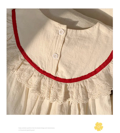 Kid Girl Exquisite Dress Ruffled Lace Collar Trimmed in Red Ribbon Red Dotted Lace Cut Out Embroidery on The Skirt for Children