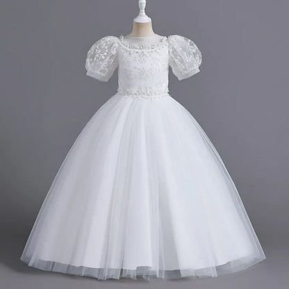 8901 Vestido Infantil para Meninas de 4 a 12 anos Princesa Lantejoulas Manga Bufante Longo Tule Florista Casamento Verão Pequeno