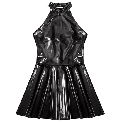 Glossy Patent Leather Glossy Mini A-Line Latex Dress for Womens Swing Skirt Skater Bodycon Mini Dress Rave Disco Party Clubwear