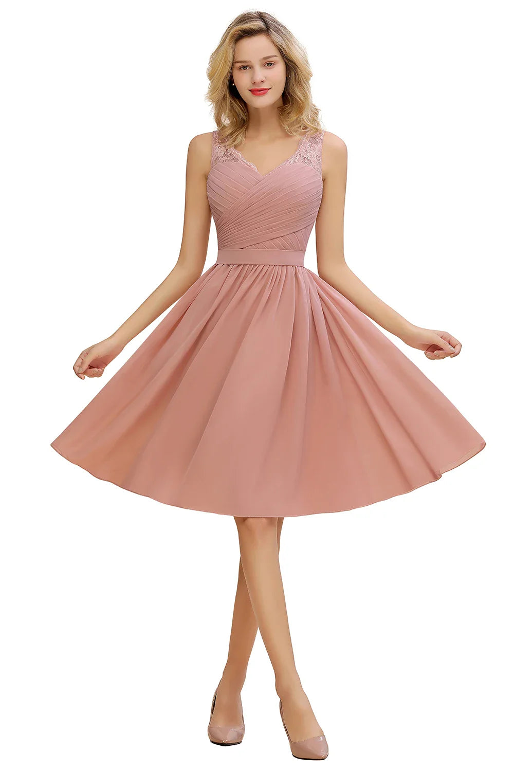 Dusty Rose Chiffon Lace Bridesmaid Dresses Pleat V Neck Short Formal Wedding Evening Party Prom Gown For Bride Cocktail Vestidos
