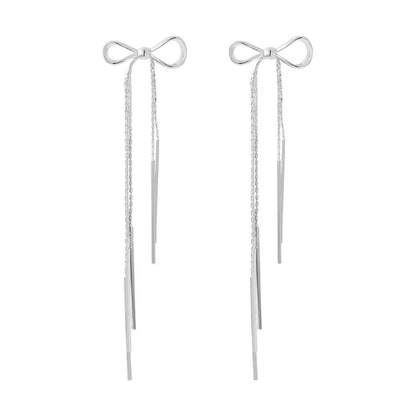 Temperament Stainless Steel Ribbon Long Tassel Bowknot Drop Dangle Earrings for Women Charm Party Jewelry Korean Fashion Gift