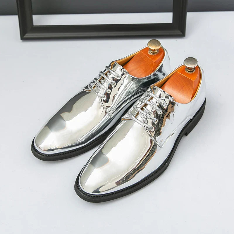 Luxury Silver Dress Shoes Man Patent Leather Shoes Large Size 50 Wedding Shoes Men Pointed toe Party Shoes Designer Formal Shoes