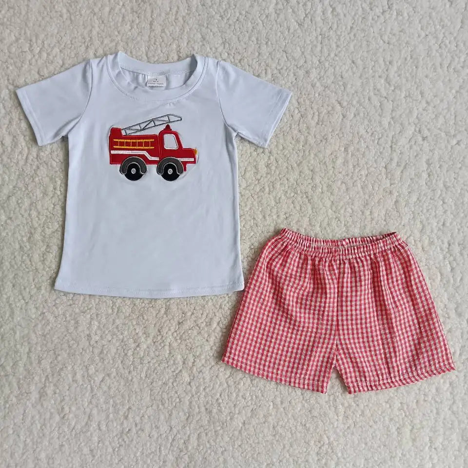 Wholesale Baby Boy Embroidery Clothing Short Sleeves Cotton T-shirt Plaid Shorts Children Kids Sets Outfit
