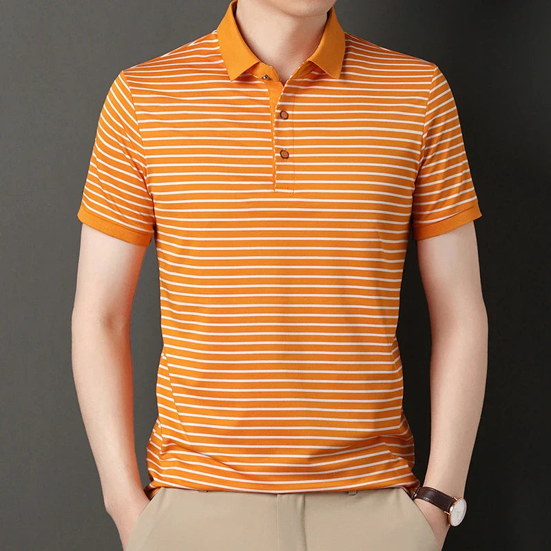2024 Men's New Striped Cotton Business Casual Short Sleeved POLO Shirt Fashion Short Sleeved Comfortable and Breathable Top