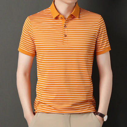 2024 Men's New Striped Cotton Business Casual Short Sleeved POLO Shirt Fashion Short Sleeved Comfortable and Breathable Top