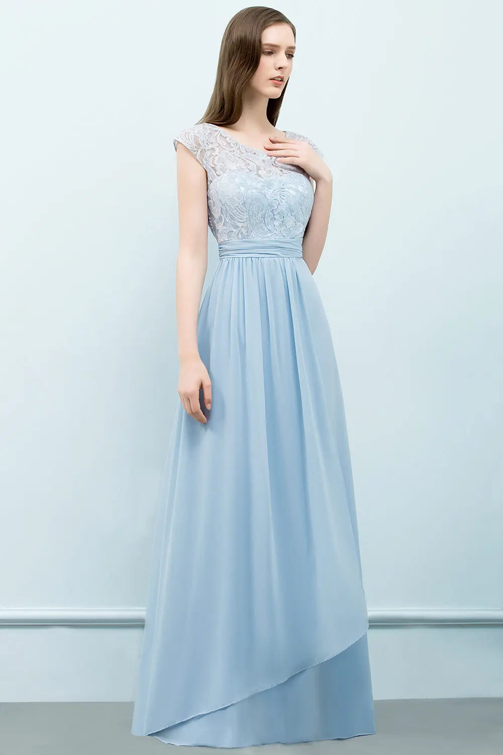 Light Blue Chiffon Long Bridesmaid Dresses Women 2024 Elegant Cap Sleeve Lace Formal Party Gowns Evening Prom