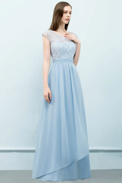 Light Blue Chiffon Long Bridesmaid Dresses Women 2024 Elegant Cap Sleeve Lace Formal Party Gowns Evening Prom