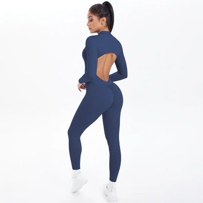 Solid Color Bodysuits for Woman's Backless Long Sleeved Zipper Yoga Jumpsuits High Dtrength Workout Sports Fitness Clothing Set