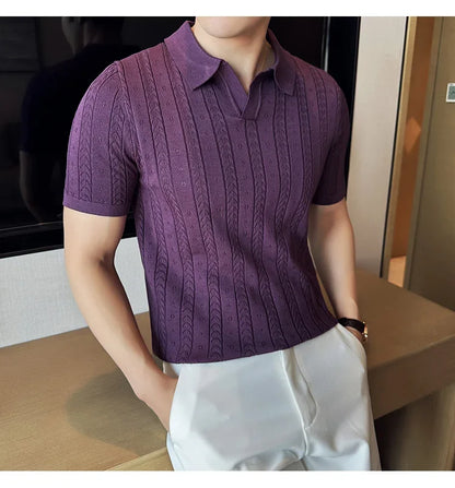 Men's Polo Shirt, Striped Jacquard Knit Short Sleeve, T-shirt V-neck Solid Color Elastic Top 2024. M-3XL,Summer Purple Thin