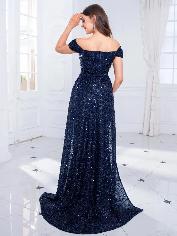 Navy Blue Slash Neck Off Shoulder Prom Gown Sequin Detachable Train Mermaid Evening Party Dresses Cocktail Dress 2025