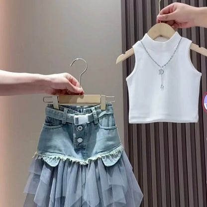 Girls' Summer New Set 2025 Korean Version Baby Girl Tank Top Mesh Splicing Cowboy Skirt Set kids jacket
