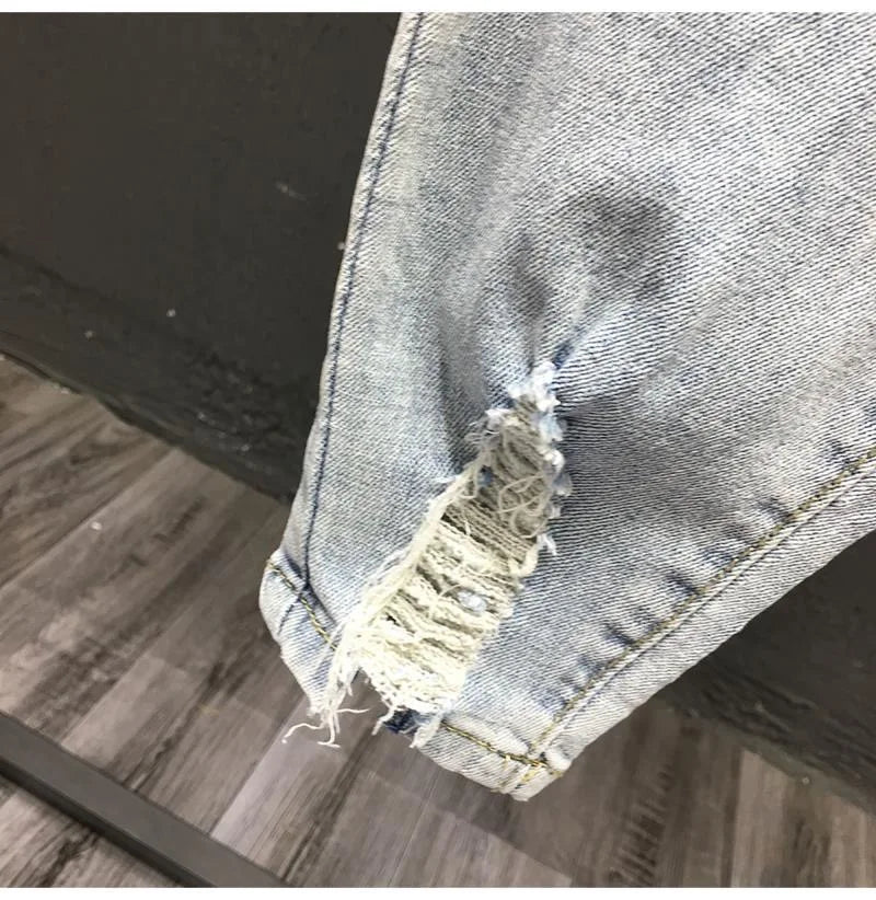 2023 Spring and Autumn New Men's Fashion Solid Color Ripped Jeans Men's Casual Comfort Elastic High-Quality Small Foot Pants