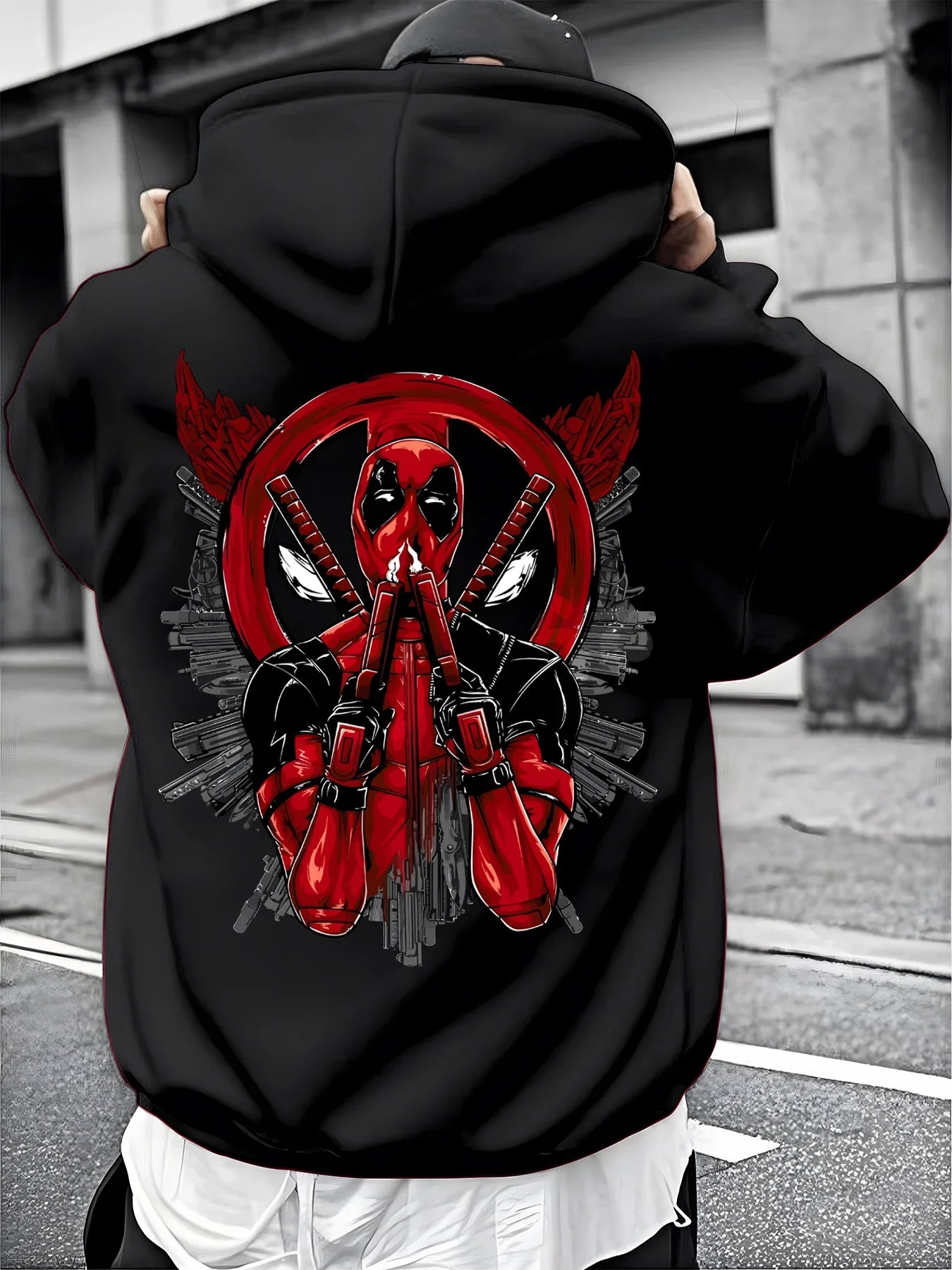 Moletom Masculino Preto com Estampa Vermelha Deadpool Padrão de Super-herói Pulôver Marvel 100% Algodão Estilo Casual de Rua com Bolso Frontal