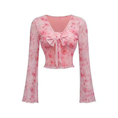 Summer Women's Y2k Floral Printed Sweet V-Neck T-shirts Mesh Beach Party Dress Top Flare Sleeve Square Collar Lace Up Shirt 2025