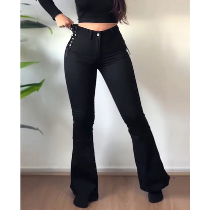 Women's Side Braid Flare Curvy Jeans High Waisted Bell Bottom Jeans Wide Leg Stretchy Elastic Denim Pants Plus Size