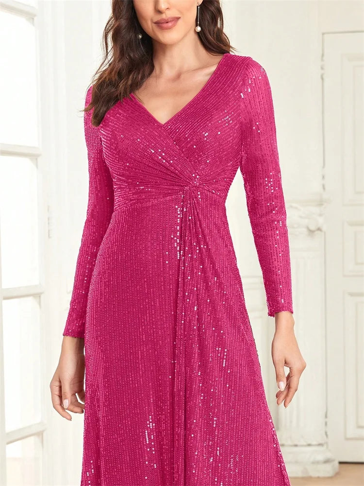 Luxury Floor Length V-Neck Evening Dresses Women Elegant Party Maxi Dress Sequin Long Sleeves Prom Cocktail Dress Gowns