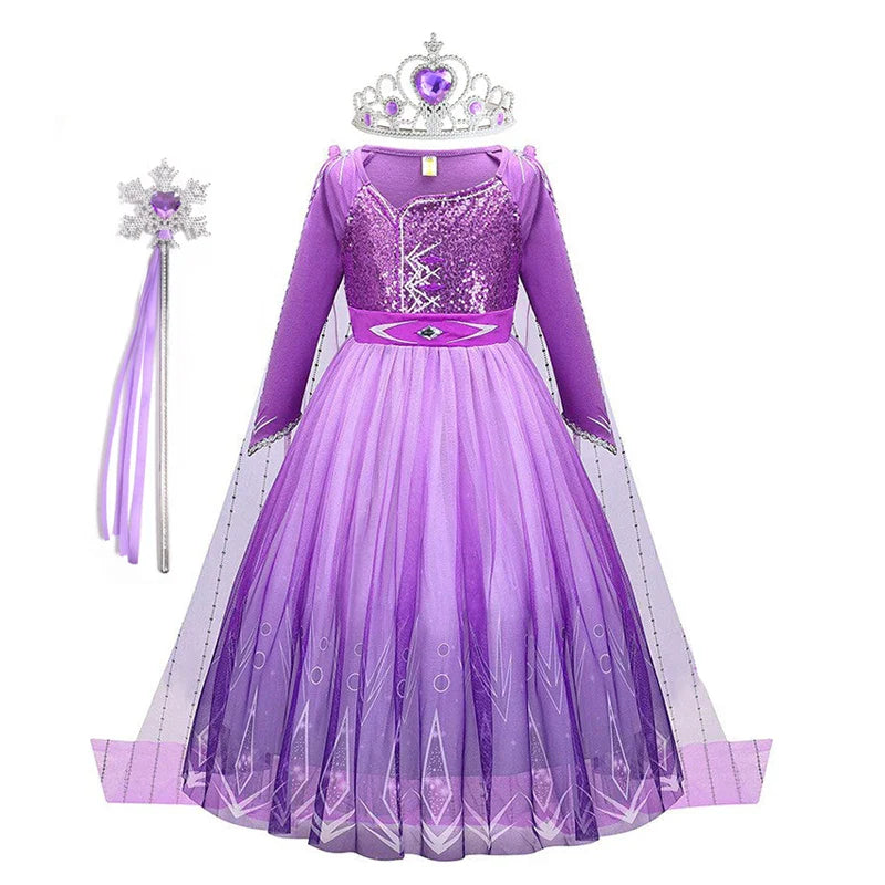 Snow Queen Elsa Princess Dress for Kids Girls Cosplay Frozen 2 Costume Birthday Party Children Purple Sequins Mesh Clothes 2-10Y