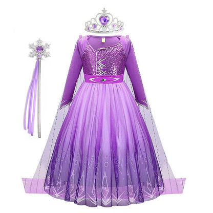 Snow Queen Elsa Princess Dress for Kids Girls Cosplay Frozen 2 Costume Birthday Party Children Purple Sequins Mesh Clothes 2-10Y
