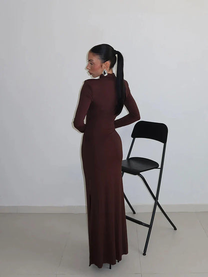 Sheath Women's Maxi Dresses Solid Turtleneck Regular Long Sleeves Hollow Out Slim Fit Bodycon Party Vestidos Robes