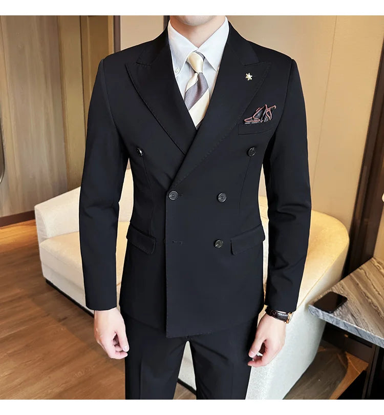 (Jackets+Pants) Luxury Double Breasted Design Slim Fit Suit High Quality Fashion Men's Wedding Social Suit Tuxedo 2 Piece Set
