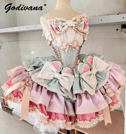Girls Birthday Lolita Dress 2024 Spring and Summer Women's Tube Top Satin Bowknot Slim Pettiskirt Short Mini Party Dress