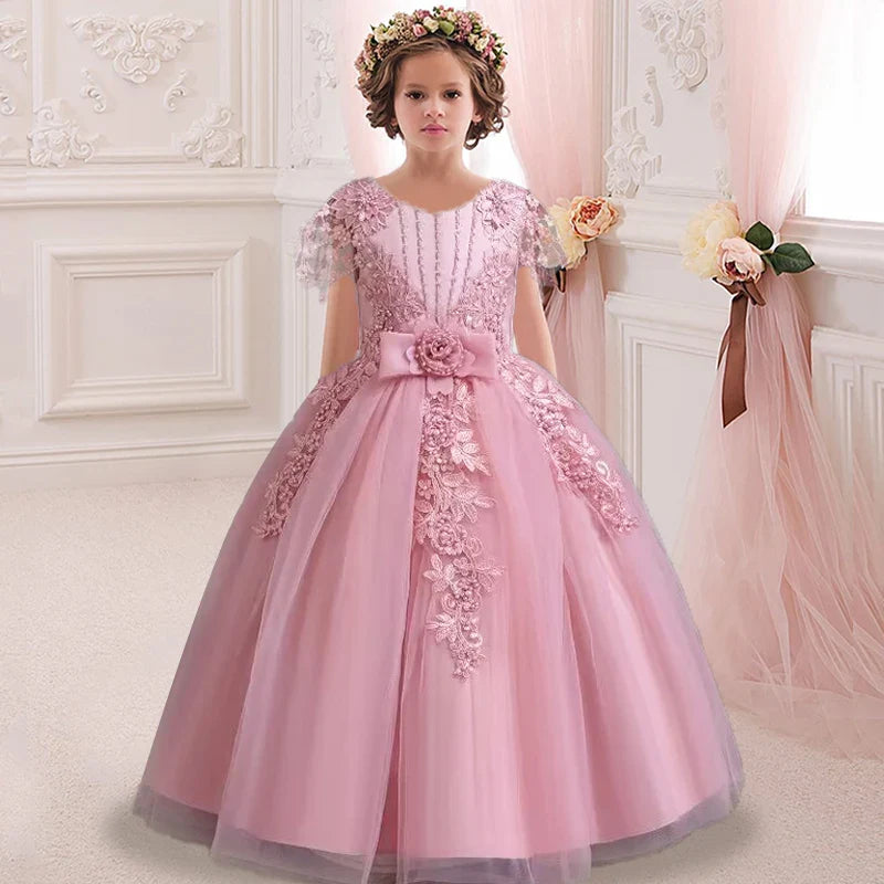 Lace up Tulle Flower Girl Dress Chest with flowers First Communion Ball Gown Wedding Party Bridesmaid Dress Kids 12Y
