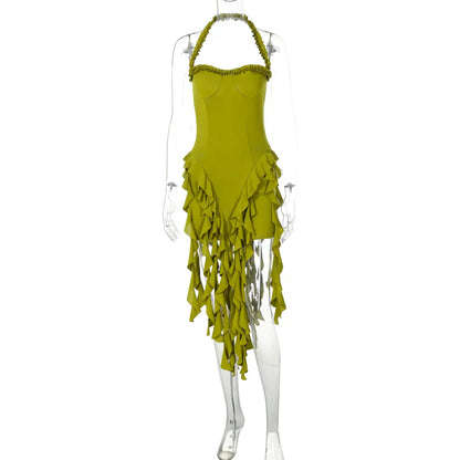 Elegant Halter Solid Ruffles Backless Taseel Sexy Slim Mini Dress Spring Women Cute Outfits Birthday Party Vacation