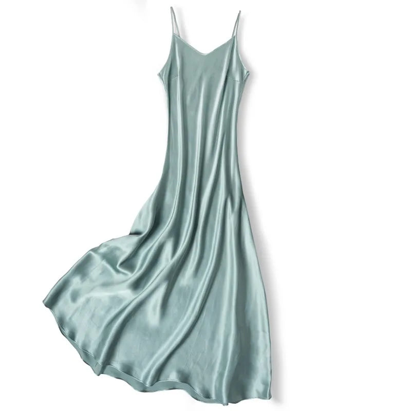 100% Natural Mulberry Silk Plain Satin French V-neck Diagonal Cut Women's Sexy Solid Suspender Dress