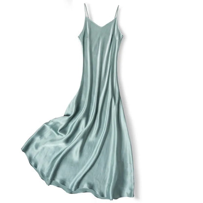 100% Natural Mulberry Silk Plain Satin French V-neck Diagonal Cut Women's Sexy Solid Suspender Dress