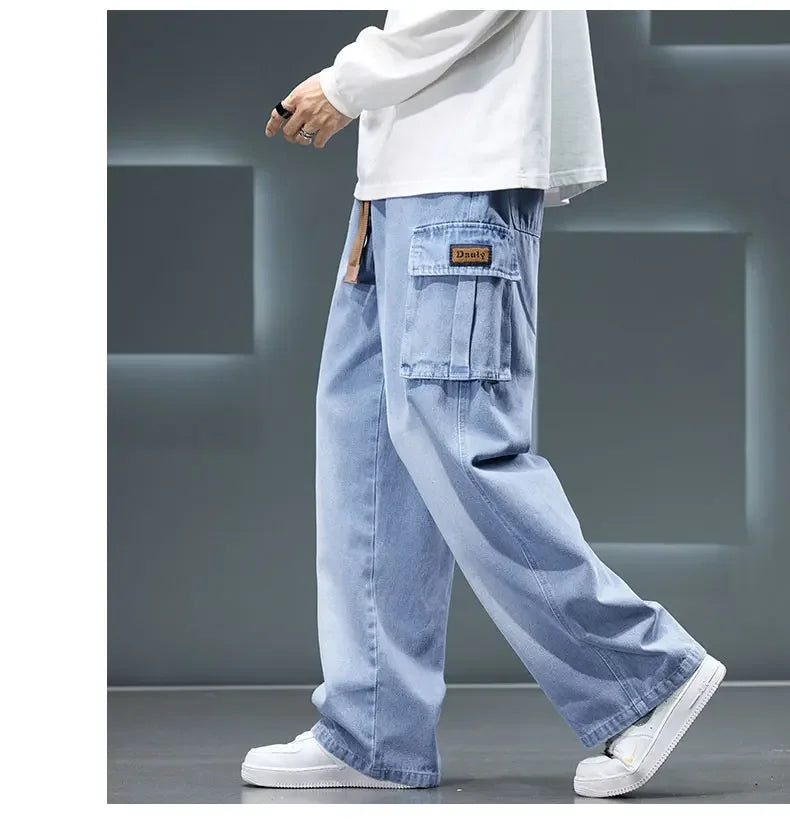 Autumn New Wide Leg Washing Jean Pants Men Trousers Neutral Solid Color Loose Casual Fashion Pocket Cargo Pants Big Size 8xl