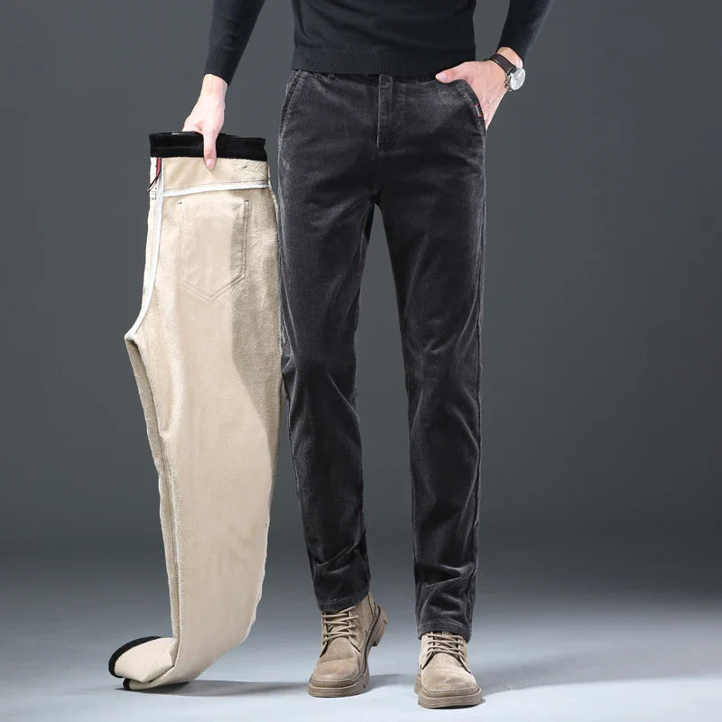 Fleece Winter Brand Men Clothing Corduroy Pants Warm Business Slim Velvet Korean Casual Trousers Male Plush Pants