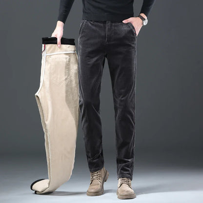 Fleece Winter Brand Men Clothing Corduroy Pants Warm Business Slim Velvet Korean Casual Trousers Male Plush Pants