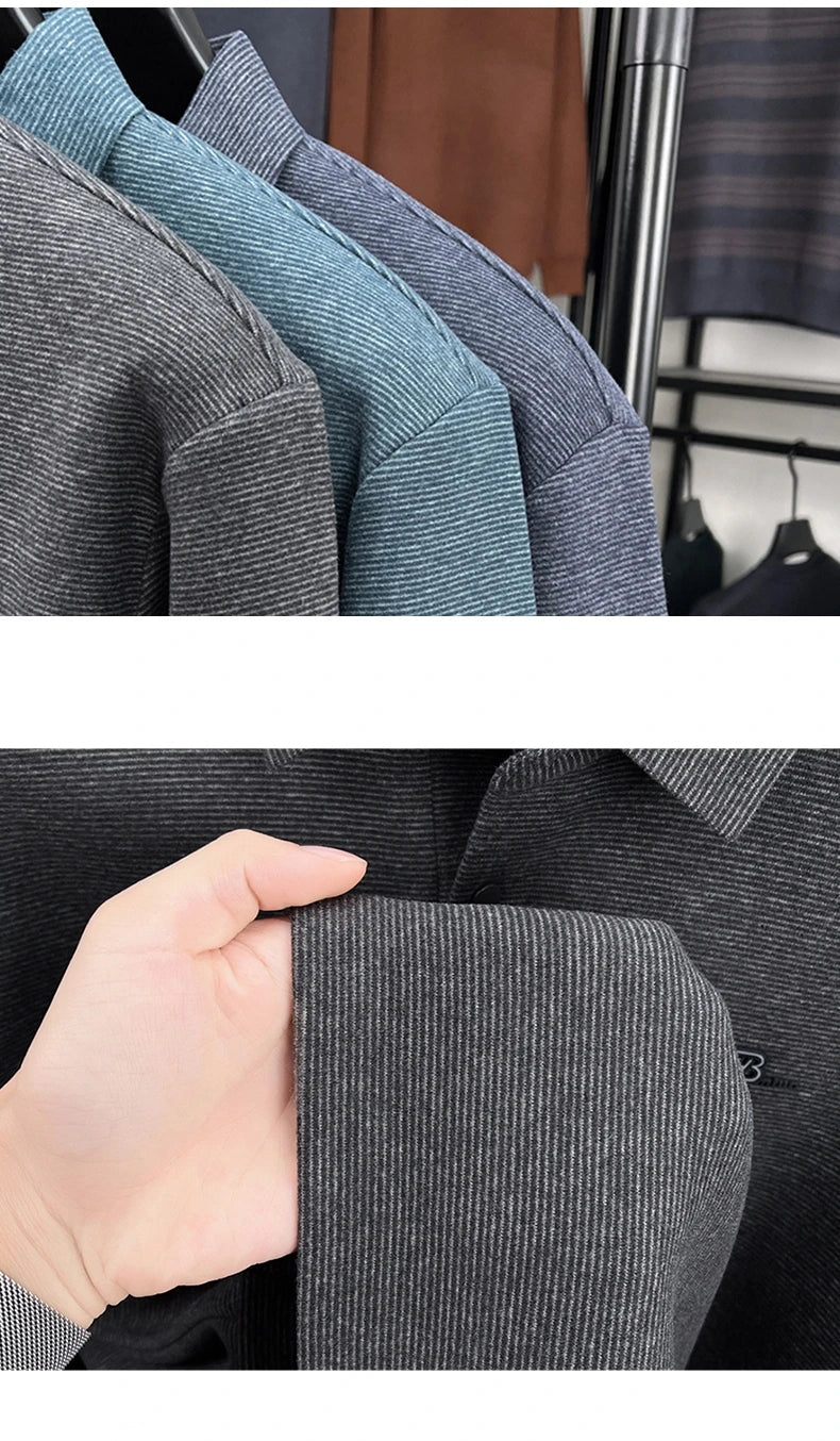 Fashion brand men's long sleeve polo shirt soft plush warm comfort new letter embossed solid color business casual lapel T-shirt