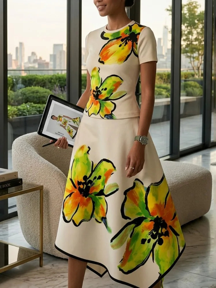 Women's Elegant Floral Printed Midi Skirt High Waist Asymmetric Hem Pockets High Waisted Party Evening A-Line Skirts