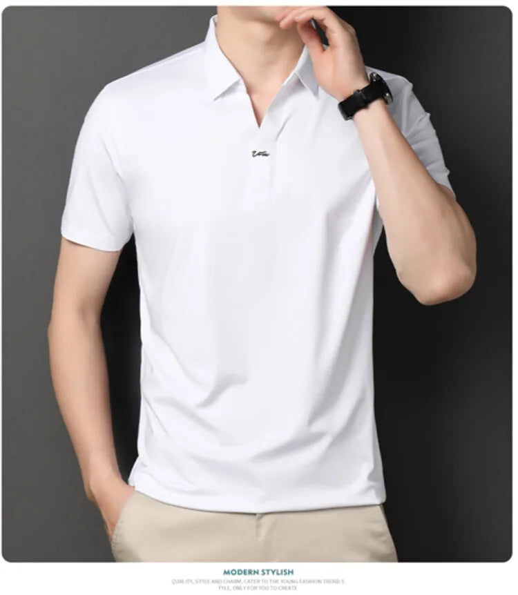 2024 High-quality Elastic Stretch POLO, Business Casual Men's Short-sleeved Shirt, Seamless V-neck M-4XL Men's Polo Shirt
