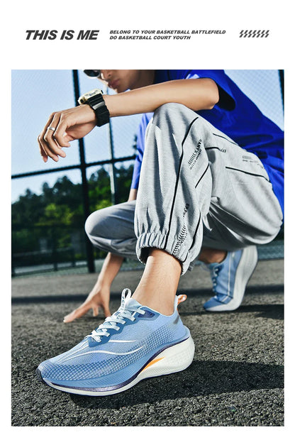 Sapatos de corrida esportivos casuais masculinos e femininos de moda com superfície de malha respirável, suporte de placa de carbono e sola de borracha resistente ao desgaste