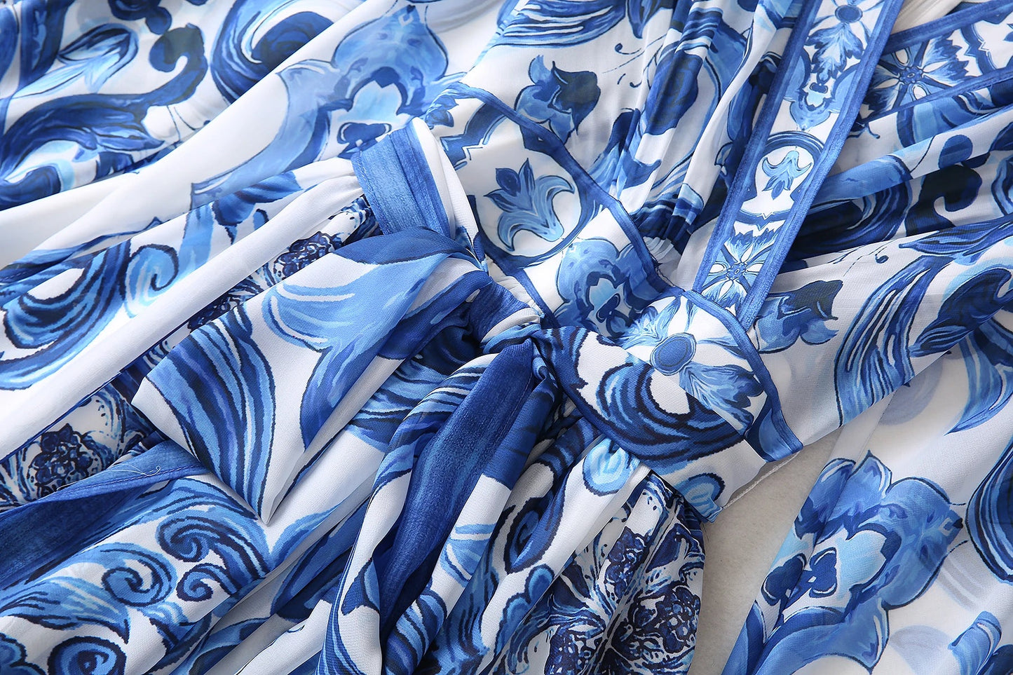 Red Blue And White Porcelain Print Holiday Dress Summer Vintage Bohemia Dress Women's  Loose Lace Up Belt Long Robe Vestido