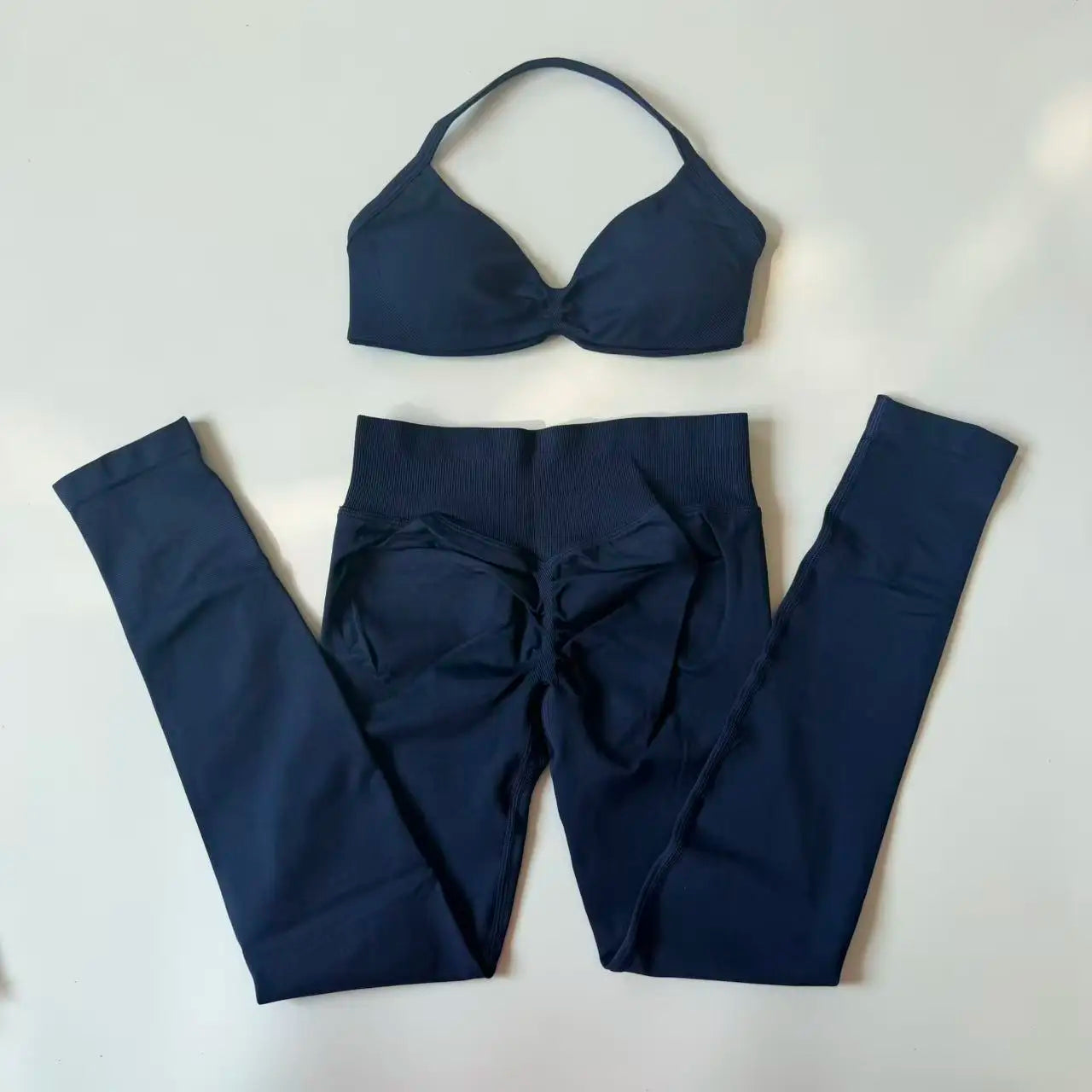2pcs Seamless Yoga Set Women Yoga Scrunch Leggings Set Strappy Halter Sports Bra Fitness Gym Clothing Workout Set