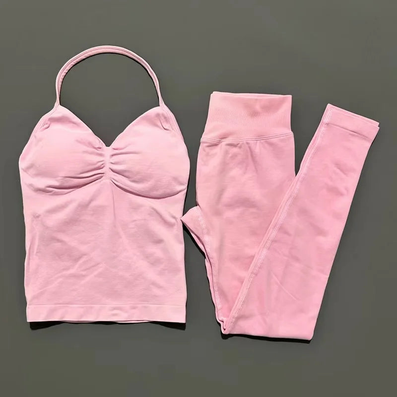 2Piece Sports Gym Set Women Longline Strappy Top Fitness Clothes Seamless Yoga Set Running Workout Sports Leggings Sets