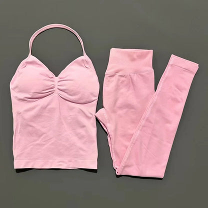 2Piece Sports Gym Set Women Longline Strappy Top Fitness Clothes Seamless Yoga Set Running Workout Sports Leggings Sets