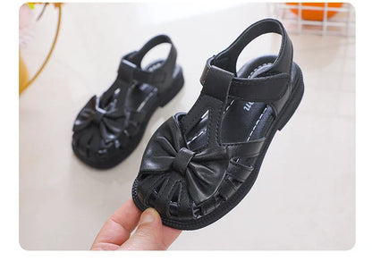 Cute Girls Sandals Bow Peep-toe 2023 New Soft Hook & Loop Beige Kids Princess Shoes Casual Shoes PU Cute Children Shoes Non-slip