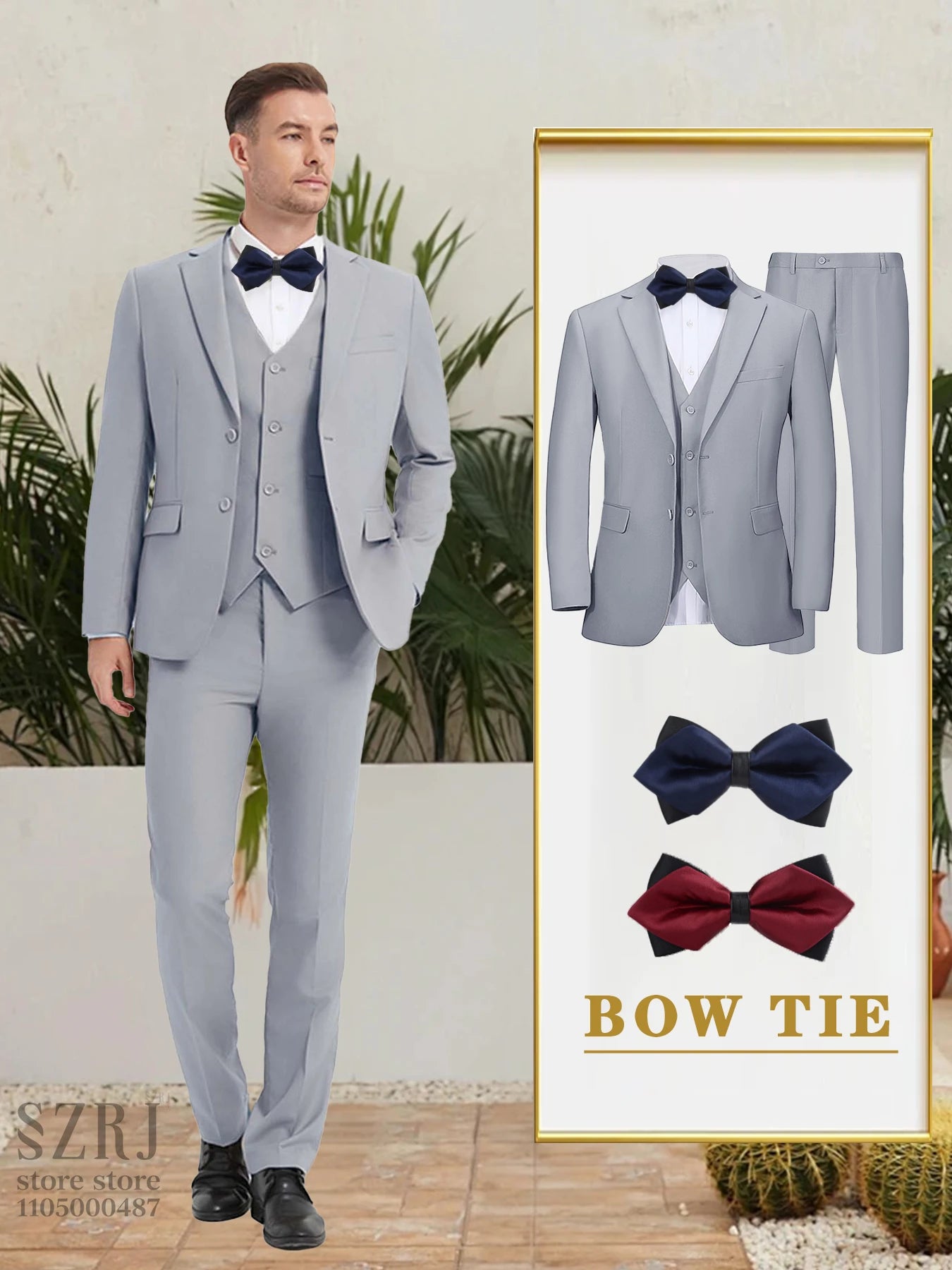 Men's 5-Piece Business Suit Set: Jacket+Vest+Pants+2 Bow Ties (Red+Blue).Premium, Tailored， For Parties, Weddings, Business.